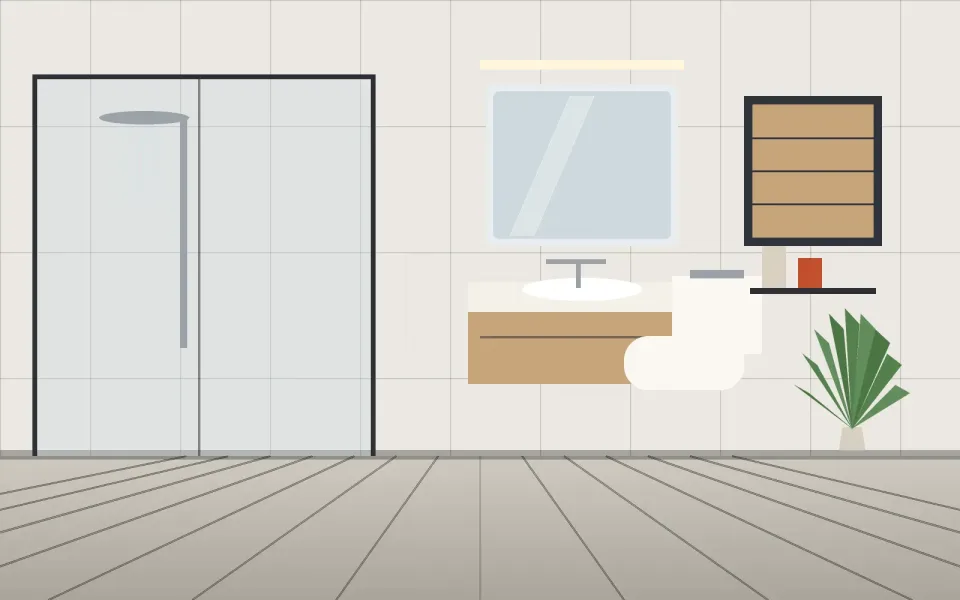 Banyo tadilat sonrası Büyük format seramikli, cam duşakabinli yenilenmiş banyo