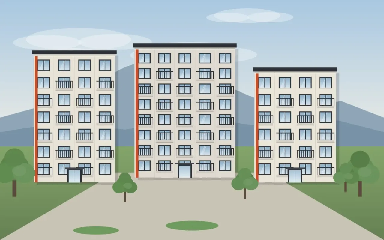 Üç bloklu konut sitesi, peyzajlı ortak alan