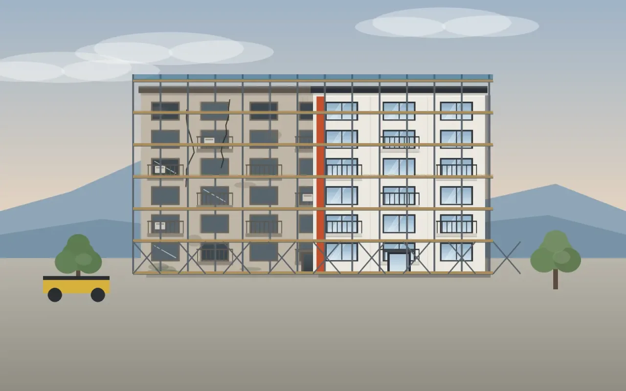 Mantolama uygulaması İskeleli apartman cephesinde yarısı tamamlanmış mantolama uygulaması